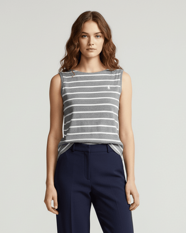 Ralph Lauren Heather Grey & White Striped Sleeveless Cotton Top