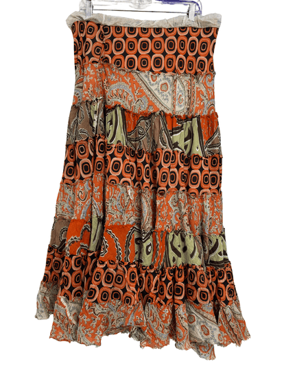 Boho Patchwork Rust Orange & Paisley Tiered Maxi Skirt