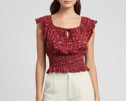 American Eagle Maroon Floral Smocked Ruffle Crop Top