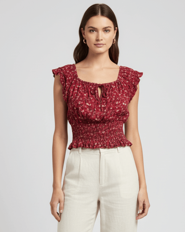 American Eagle Maroon Floral Smocked Ruffle Crop Top