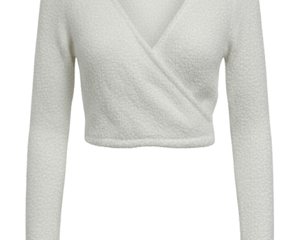 H&M White Textured Knit Wrap Front Long Sleeve Crop Top