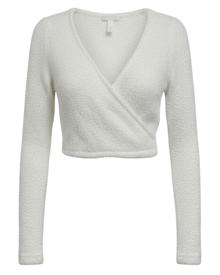 H&M White Textured Knit Wrap Front Long Sleeve Crop Top