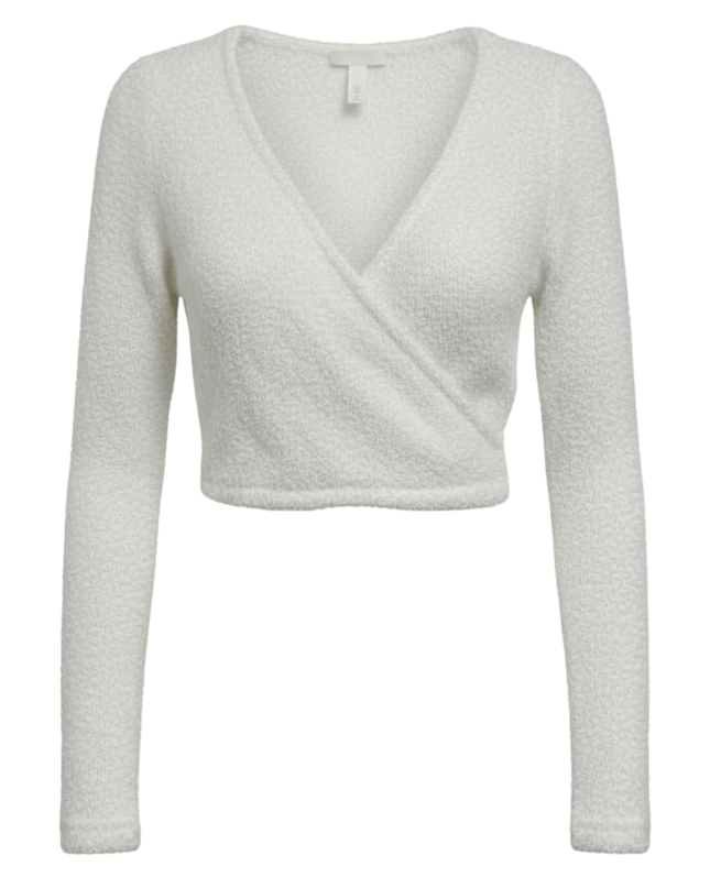 H&M White Textured Knit Wrap Front Long Sleeve Crop Top