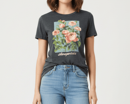 Aeropostale Classic Crew Vintage Rose Graphic Charcoal T-Shirt