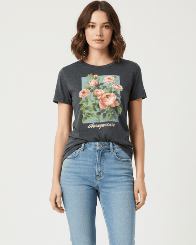 Aeropostale Classic Crew Vintage Rose Graphic Charcoal T-Shirt