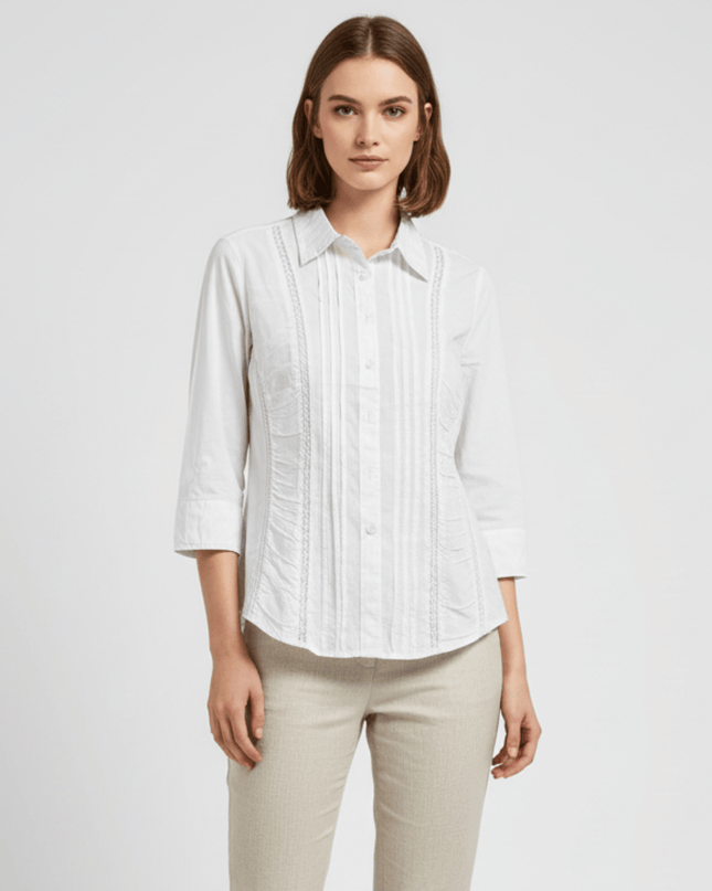 DKNY Jeans White Pintuck & Lace Trim Cotton Button-Up Blouse