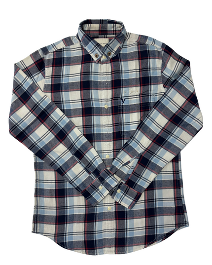 American Eagle Slim Fit Navy & Cream Plaid Flannel Shirt - M
