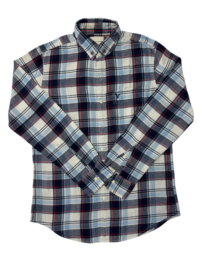 American Eagle Slim Fit Navy & Cream Plaid Flannel Shirt - M