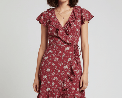 American Eagle Outfitters Floral in Rosewood Ruffle Wrap Dress