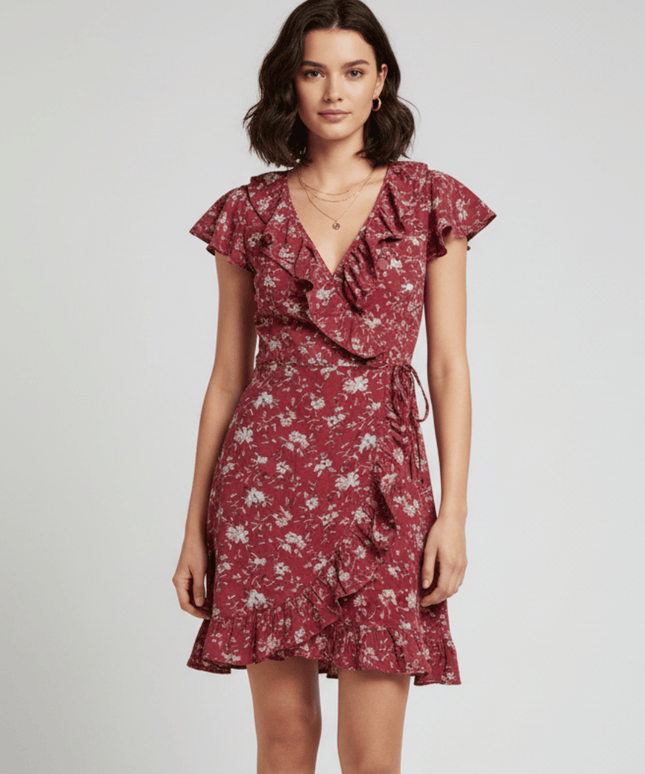 American Eagle Outfitters Floral in Rosewood Ruffle Wrap Dress