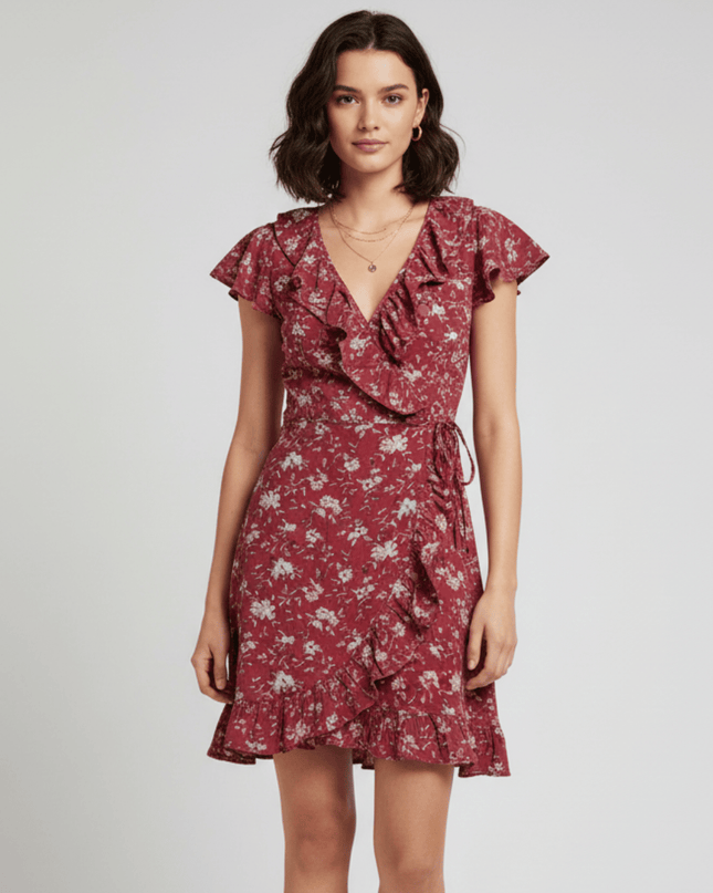 American Eagle Outfitters Floral in Rosewood Ruffle Wrap Dress