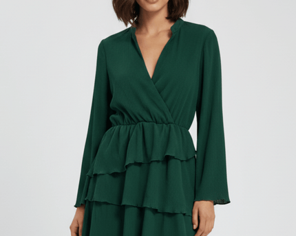 Zara Tiered Ruffle Forest Green Long Sleeve Mini Dress