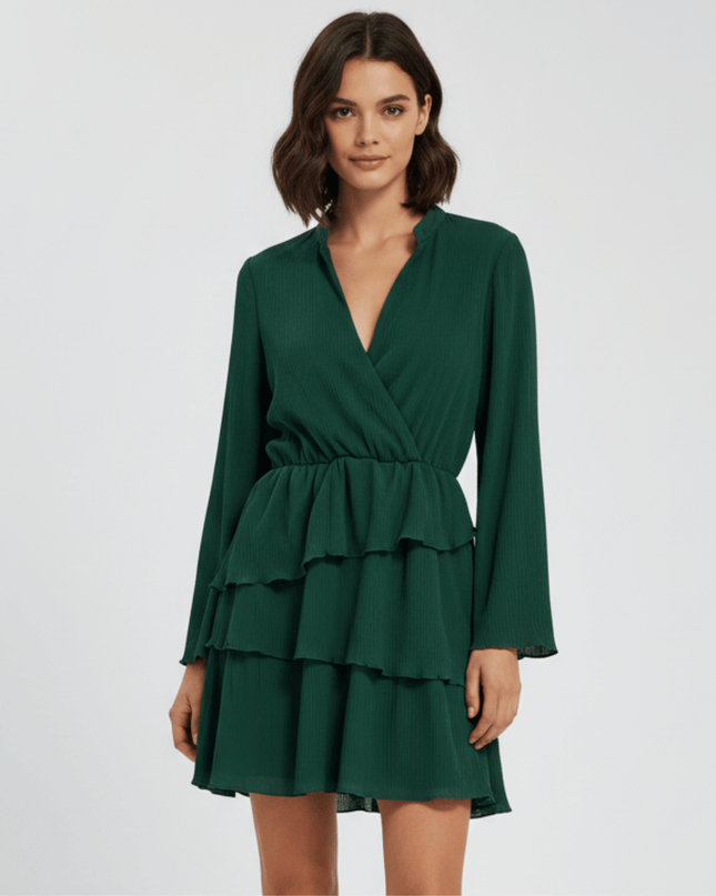 Zara Tiered Ruffle Forest Green Long Sleeve Mini Dress