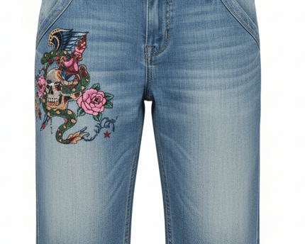 Fishbone Y2K Embroidered Edgy Skull & Anchor Denim Bermuda Shorts
