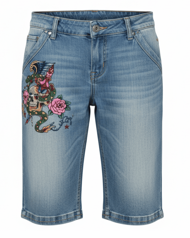 Fishbone Y2K Embroidered Edgy Skull & Anchor Denim Bermuda Shorts