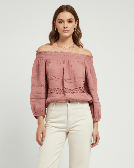 Aéropostale Blush Pink Lace-Panel Off-Shoulder Peasant Top