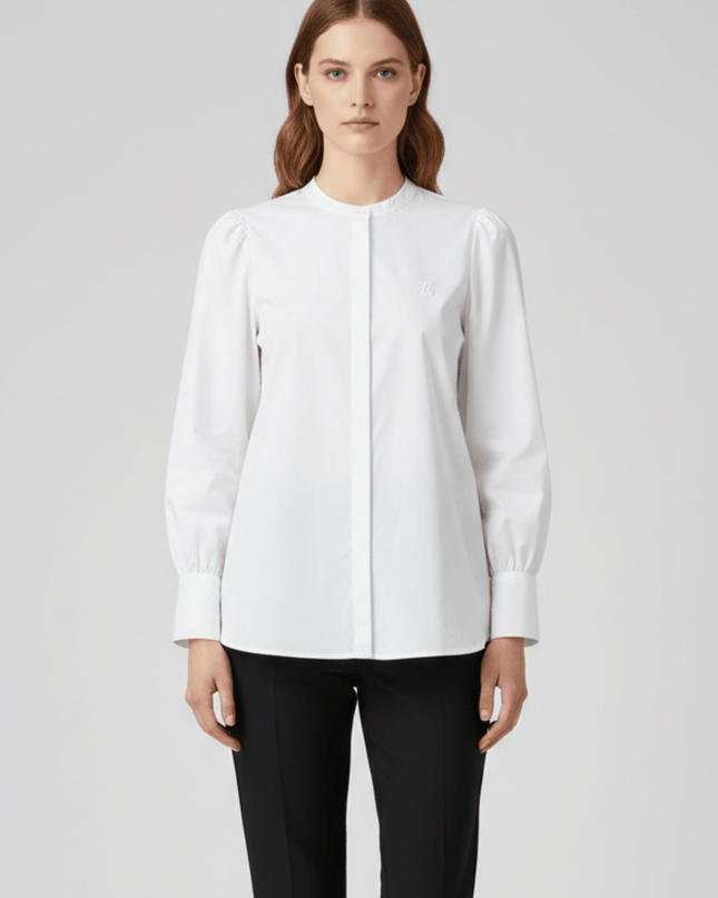 Tommy Hilfiger Women's White Organic Cotton Band Collar Long Sleeve Shirt