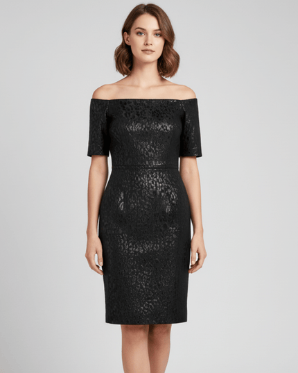 Calvin Klein Off-Shoulder Black Jacquard Leopard Print Cocktail Dress