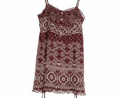 Stradivarius Burgundy Boho Print Cami with Lace Trim Mini Dress