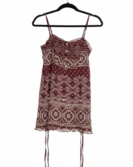 Stradivarius Burgundy Boho Print Cami with Lace Trim Mini Dress