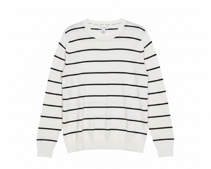 Calvin Klein White and Black Striped Crewneck Sweater