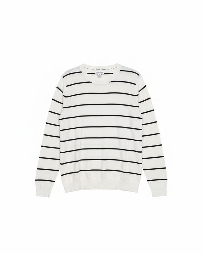 Calvin Klein White and Black Striped Crewneck Sweater
