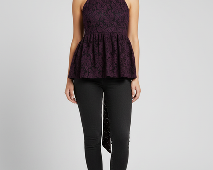 The Label Life Purple Floral Lace High-Neck Sleeveless Peplum Top