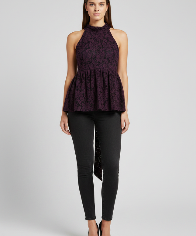 The Label Life Purple Floral Lace High-Neck Sleeveless Peplum Top