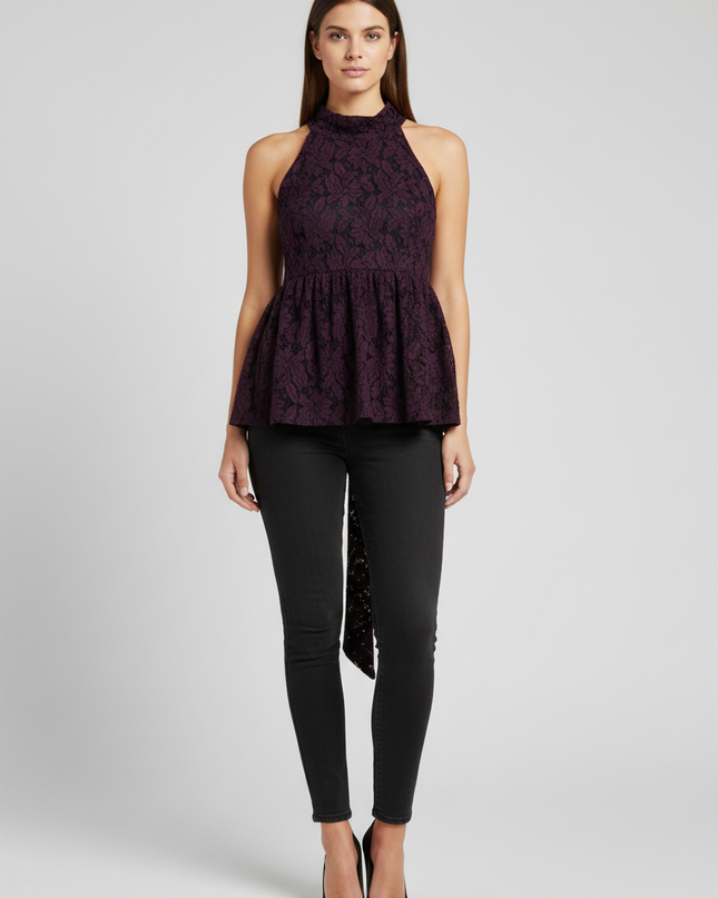 The Label Life Purple Floral Lace High-Neck Sleeveless Peplum Top