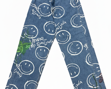 H&M x Smiley Blue All-Over Print Wide-Leg Graphic Jeans