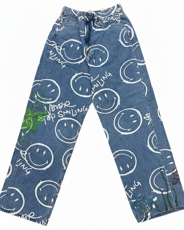 H&M x Smiley Blue All-Over Print Wide-Leg Graphic Jeans