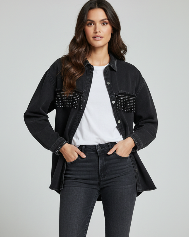 ZARA Black Rhinestone Fringe Denim-Style Shirt