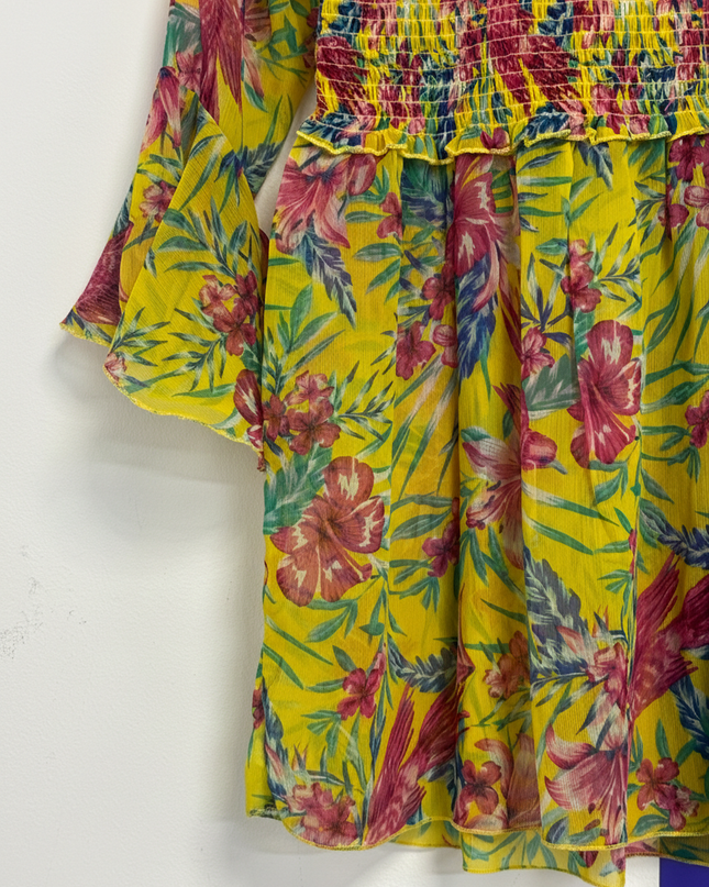 Popwings Yellow Floral Smocked with Bell Sleeves Mini Dress