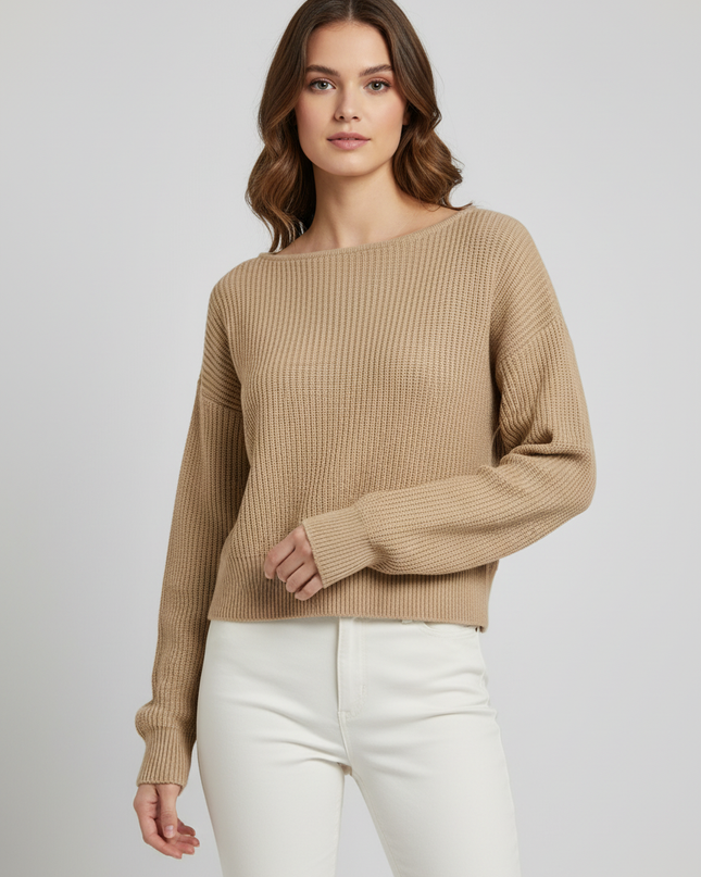 Boohoo Beige Oversized Cropped Ribbed Knit Sweater