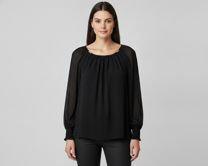 Calvin Klein Black Gathered Neckline Blouse with Sheer Sleeves