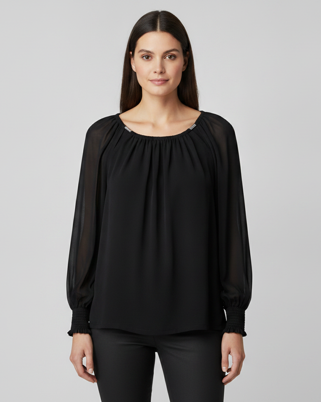 Calvin Klein Black Gathered Neckline Blouse with Sheer Sleeves