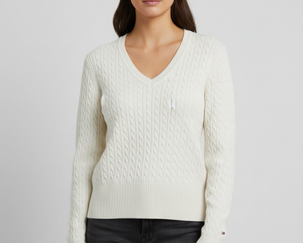 Tommy Hilfiger White Cable-Knit V-Neck Sweater