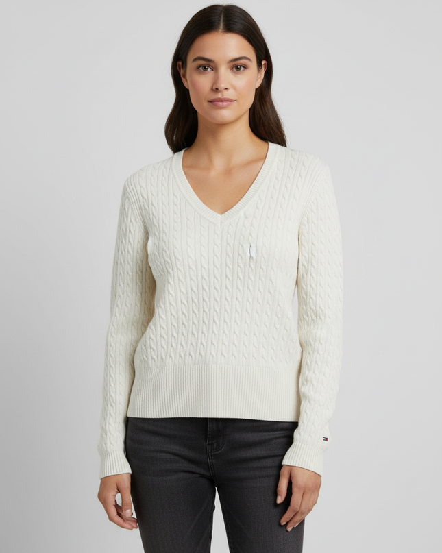 Tommy Hilfiger White Cable-Knit V-Neck Sweater