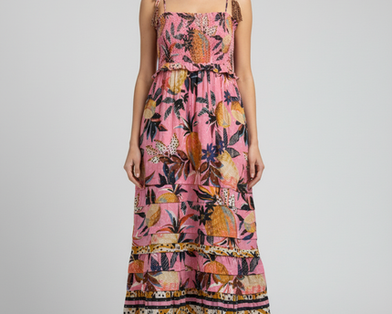 Farm Rio Pink Pineapple Print Smocked Midi Dress