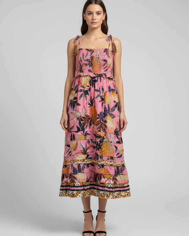 Farm Rio Pink Pineapple Print Smocked Midi Dress