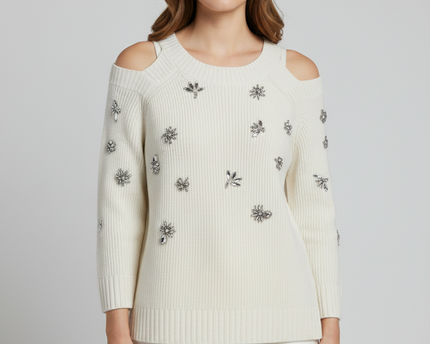 INC International Concepts Off-White Embellished Cold-Shoulder Sweater
