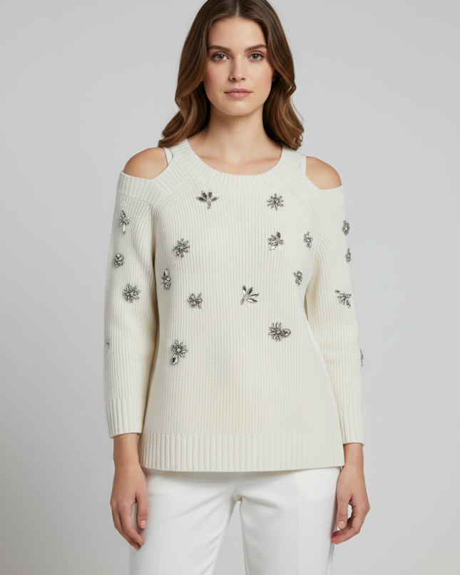 INC International Concepts Off-White Embellished Cold-Shoulder Sweater