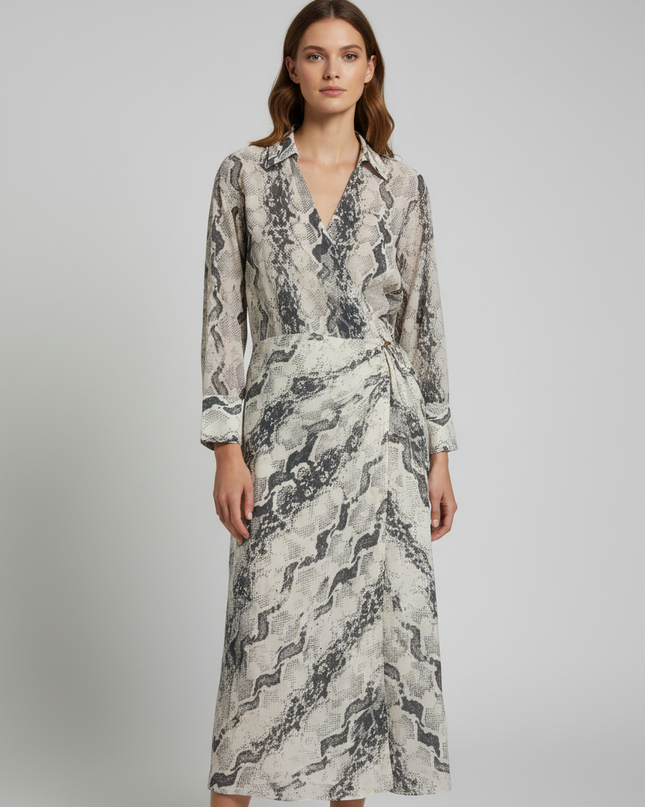 MNG Snakeskin Print Wrap Midi Dress