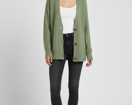 Lefties Green Ribbed Knit V-Neck Cardigan