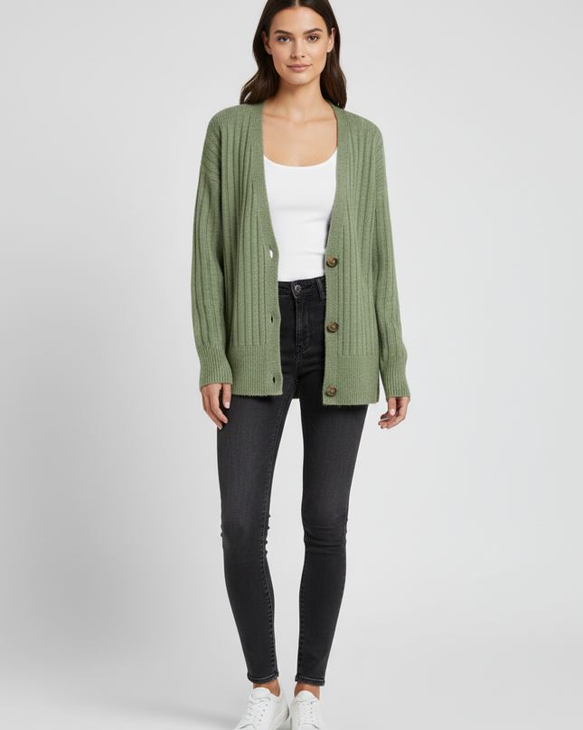 Lefties Green Ribbed Knit V-Neck Cardigan