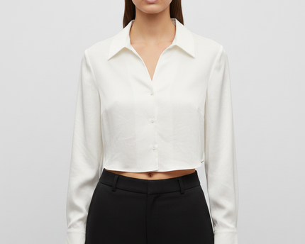 Zara White Long Sleeve Button-Up Crop Top