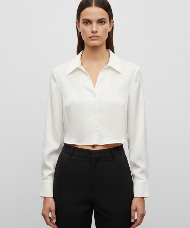 Zara White Long Sleeve Button-Up Crop Top