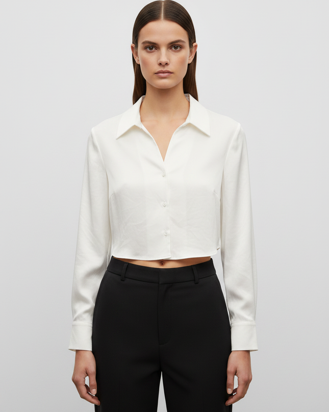 Zara White Long Sleeve Button-Up Crop Top