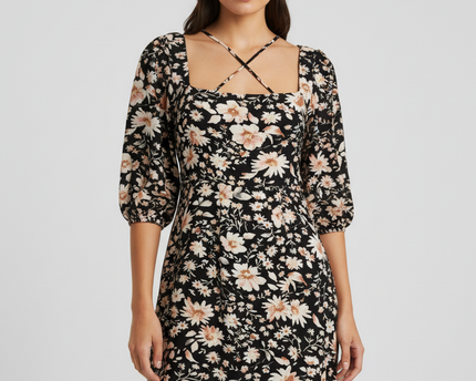 American Eagle Black Floral Square Neck Mini Dress