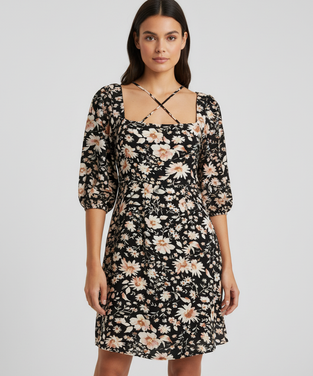 American Eagle Black Floral Square Neck Mini Dress